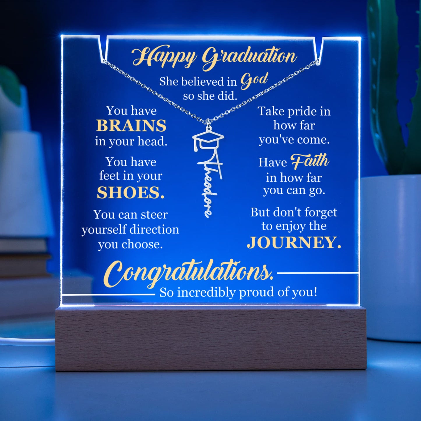 Graduation Gift For Her - She Believed In God - Congratulations - Graduation Cap Name Necklace Keepsake Acrylic Bundle - The Shoppers Outlet
