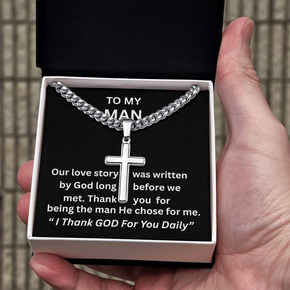 Gift For Him - Christian Gift - Our Love Story - Personalized Cross with Cuban Link Chain - The Shoppers Outlet