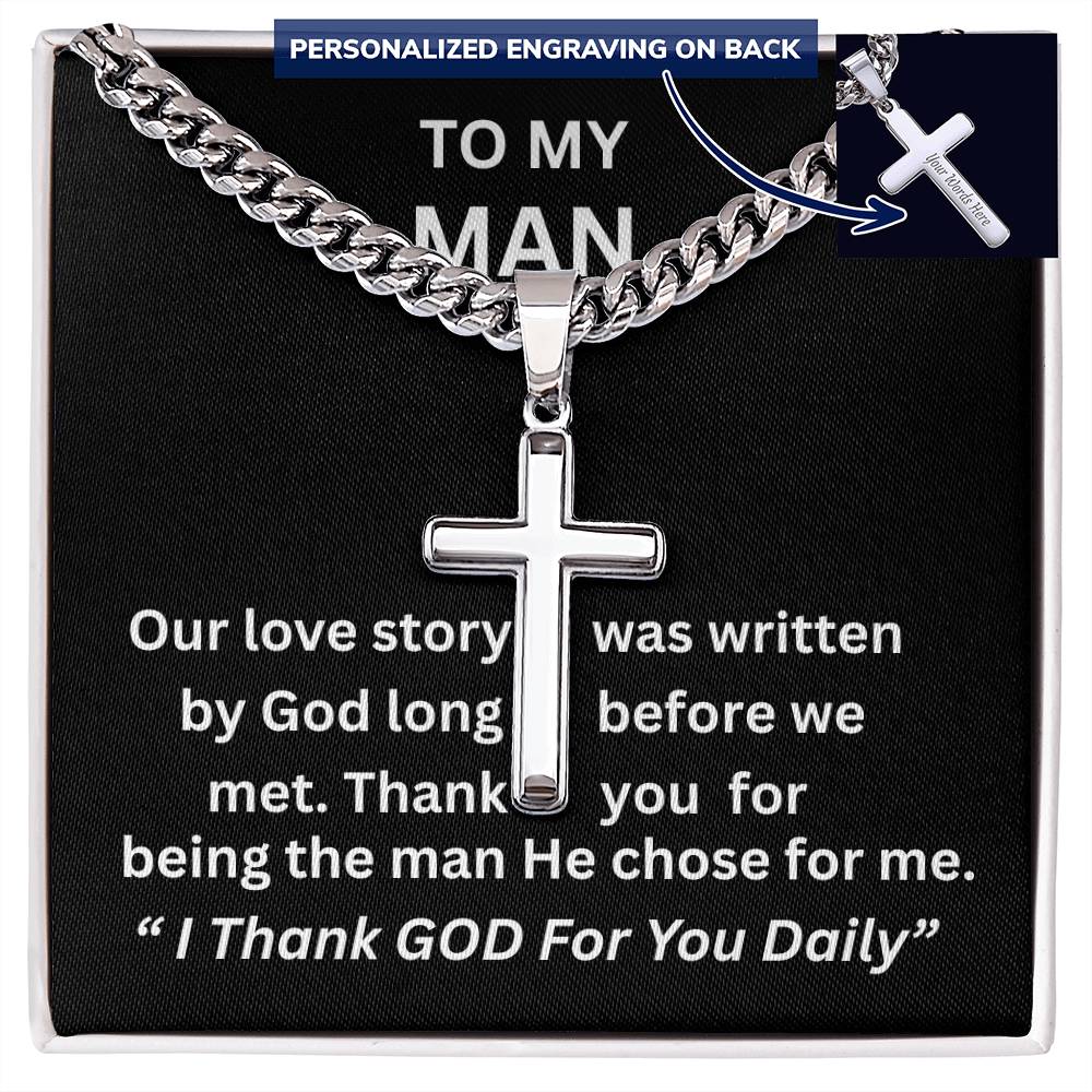 Gift For Him - Christian Gift - Our Love Story - Personalized Cross with Cuban Link Chain - The Shoppers Outlet