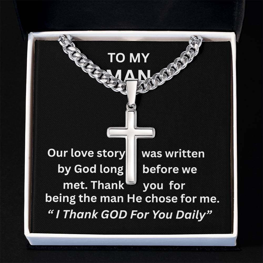 Gift For Him - Christian Gift - Our Love Story - Personalized Cross with Cuban Link Chain - The Shoppers Outlet