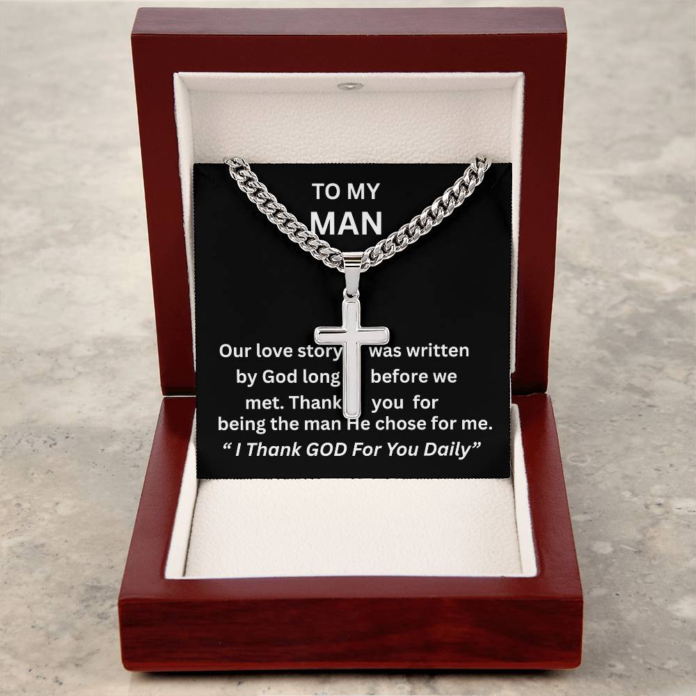 Gift For Him - Christian Gift - Our Love Story - Personalized Cross with Cuban Link Chain - The Shoppers Outlet