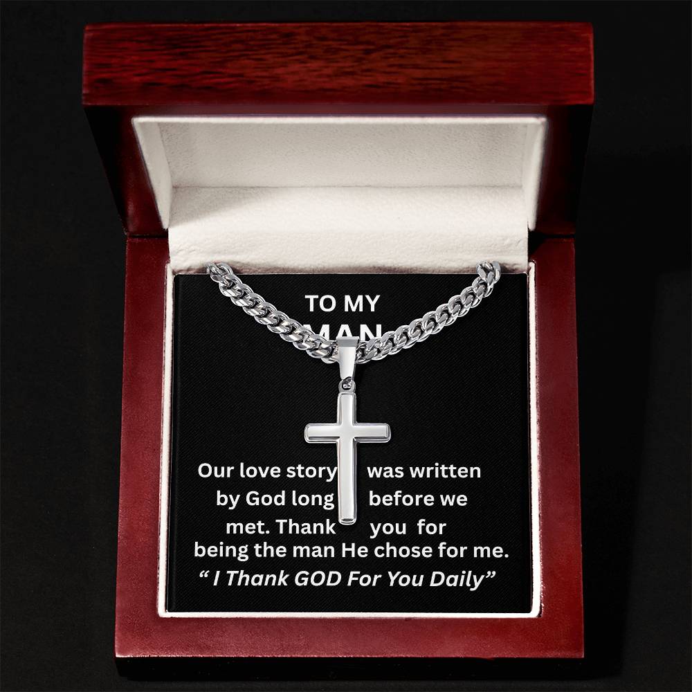 Gift For Him - Christian Gift - Our Love Story - Personalized Cross with Cuban Link Chain - The Shoppers Outlet