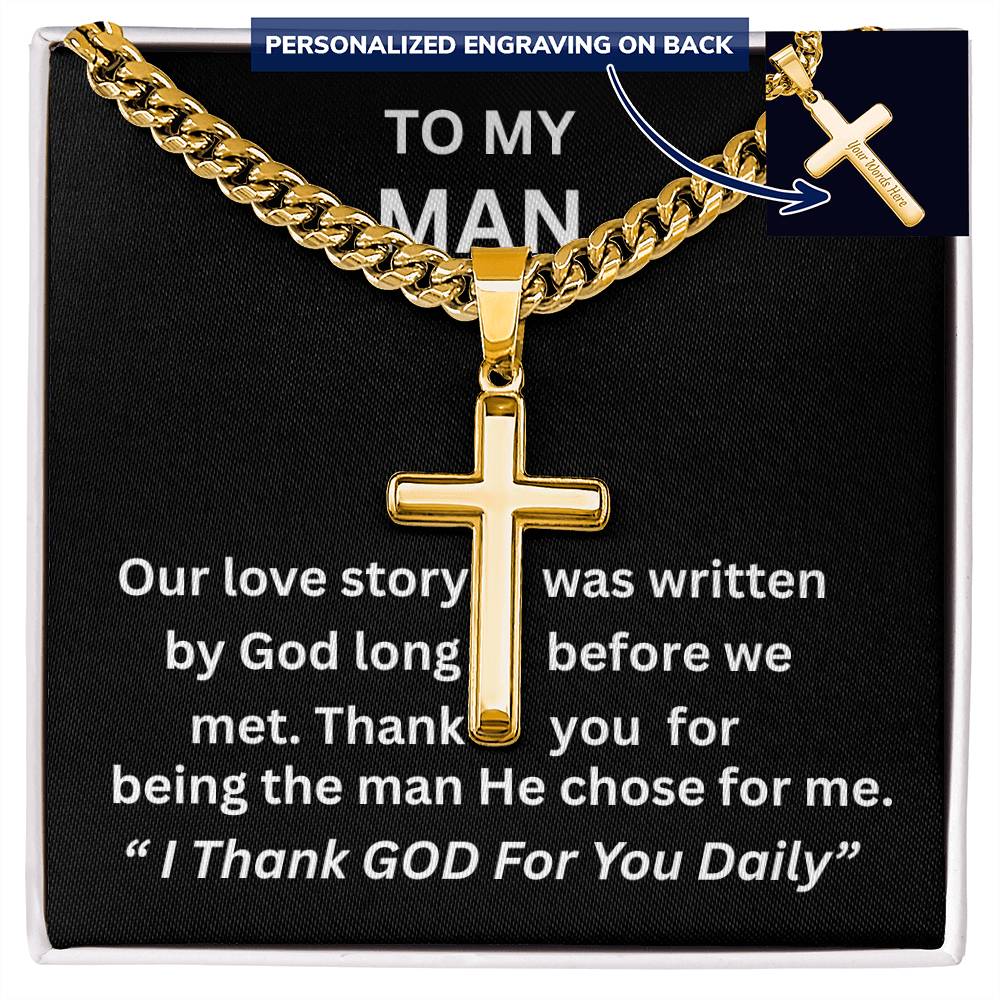 Gift For Him - Christian Gift - Our Love Story - Personalized Cross with Cuban Link Chain - The Shoppers Outlet