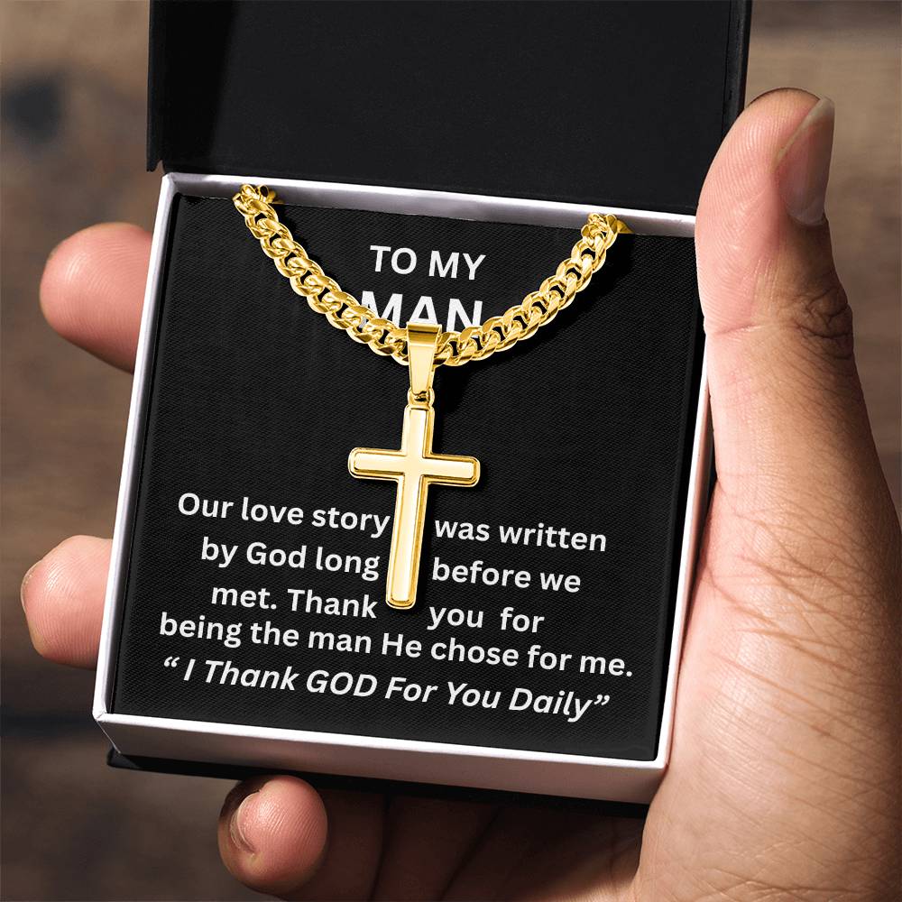 Gift For Him - Christian Gift - Our Love Story - Personalized Cross with Cuban Link Chain - The Shoppers Outlet