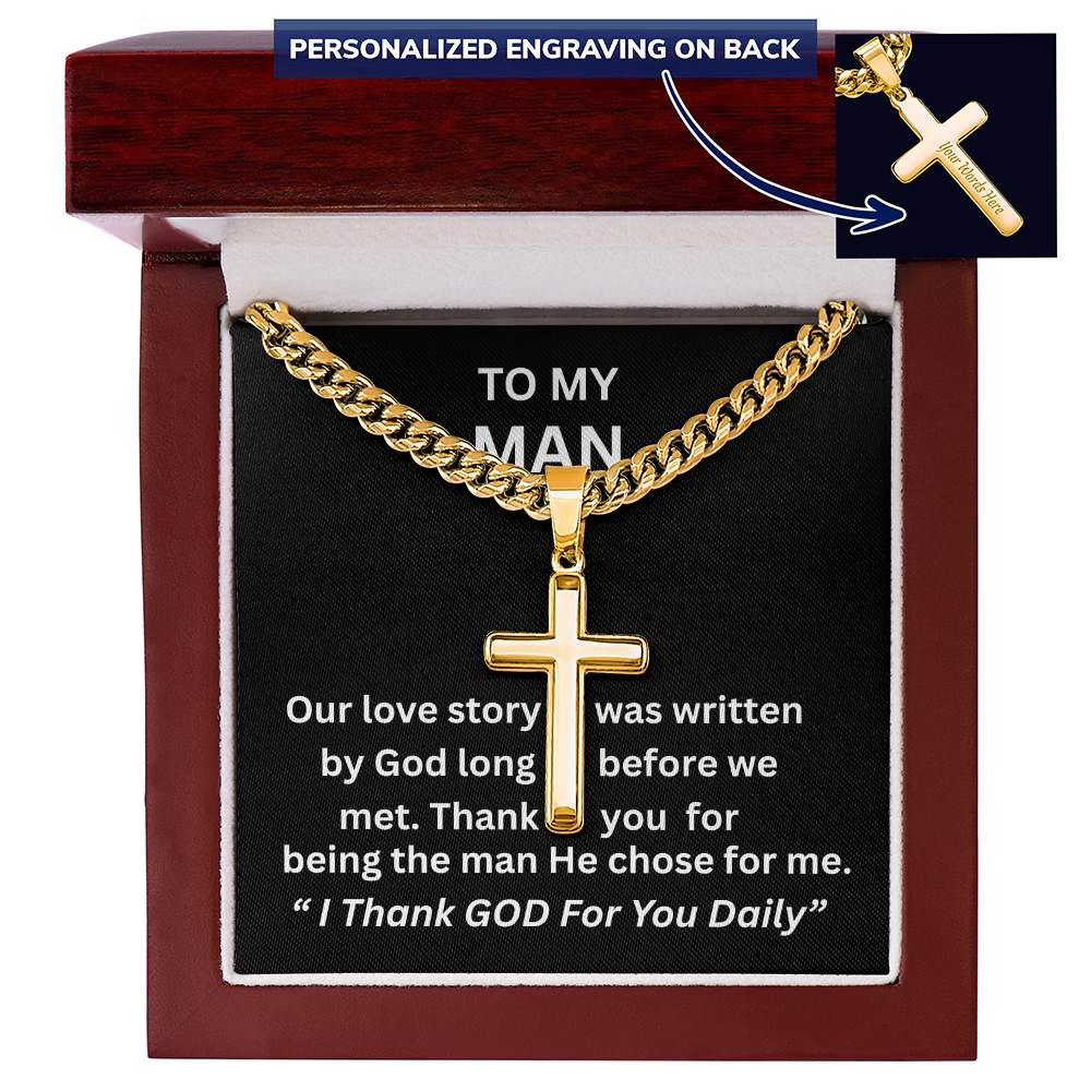Gift For Him - Christian Gift - Our Love Story - Personalized Cross with Cuban Link Chain - The Shoppers Outlet