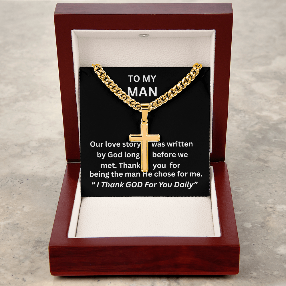 Gift For Him - Christian Gift - Our Love Story - Personalized Cross with Cuban Link Chain - The Shoppers Outlet