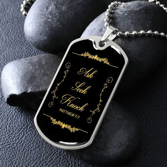 Matthew 7:7 Ask-Seek-Knock - Gold Color Print - Dog Tag Necklace - The Shoppers Outlet