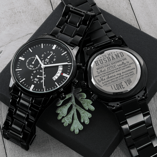 Gift For Husband - What Love Really Is - Engraved Design Black Chronograph Watch - The Shoppers Outlet
