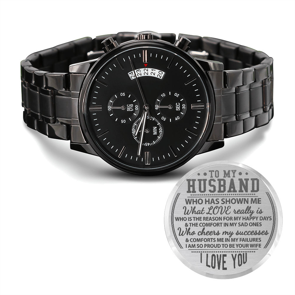 Husband - What Love Really Is - Engraved Design Black Chronograph Watch - The Shoppers Outlet