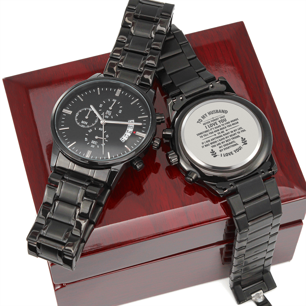 Husband - Never Forget That I Love You - Engraved Black Chronograph Watch - The Shoppers Outlet