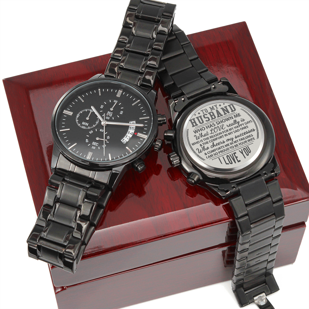 Husband - What Love Really Is - Engraved Design Black Chronograph Watch - The Shoppers Outlet